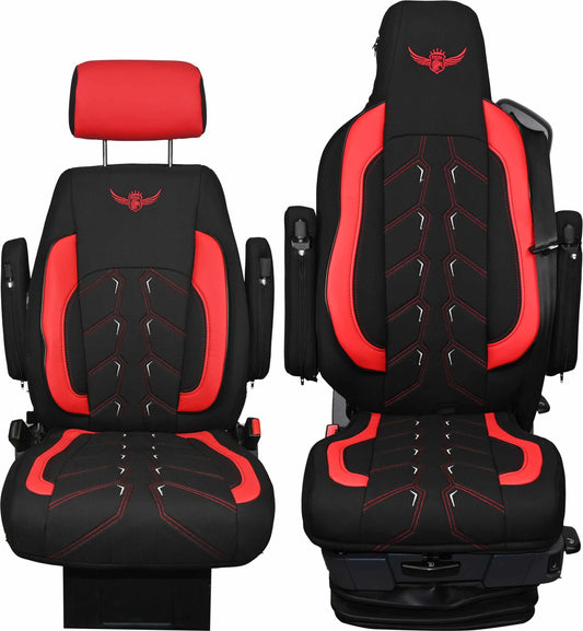 Pokrowce na fotele ROYAL Classic SCANIA seria R od 2013, seria S od 2017 1 pas, fotel kierowcy PREMIUM, fotel pasażera nieamortyzowany, konfiguracja B CZERWONY SABA