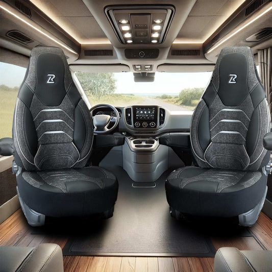Pokrowce na fotele do Kampera Fiat Ducato, Peugeot Boxer, Citroen Jumper, Opel Movano C - CAPRI - Szaro czarne 